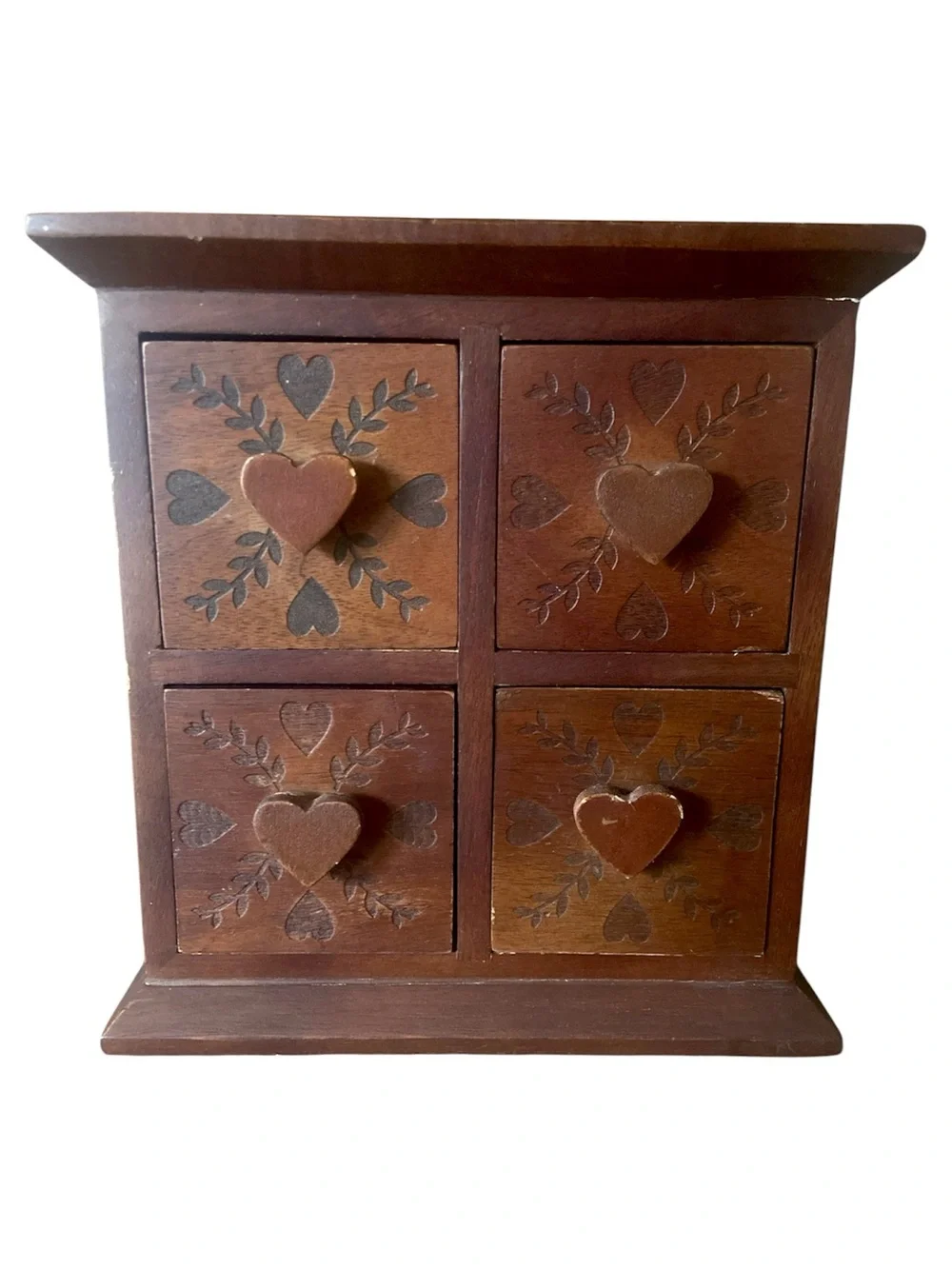 Vintage Solid Wood 4 Drawer Trinket Chest Herb Drawer Hand Carved Heart Folk Art